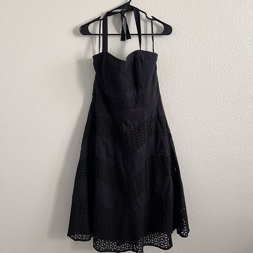 WHBM Sz 12 Dress Midi A-line Halter Black Stretch Eyelet Smocked Empire Waist